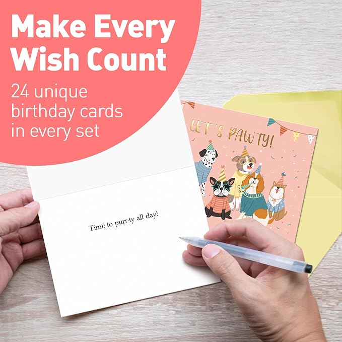 S&O Box of Birthday Cards with Envelopes - Bulk 24 Unique Happy Day Notes - Colorful Birthday Decor Bulk for Office & Home - Assorted Party Cards with Envelopes - 4x5.5”
