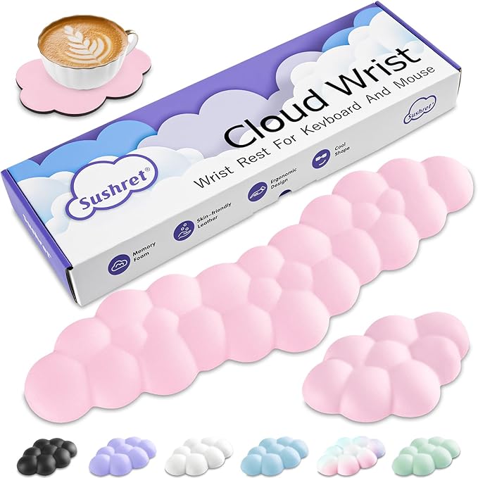 Cloud Wrist Rest Keyboard, Cloud Palm Rest Set with PU Leather Memory Foam, Cute Keyboard Rest for Wrist Support and Arm Rest, Desk Cloud Wrist Pad for PC/Gaming/Hand Cushion/Computer-Pink