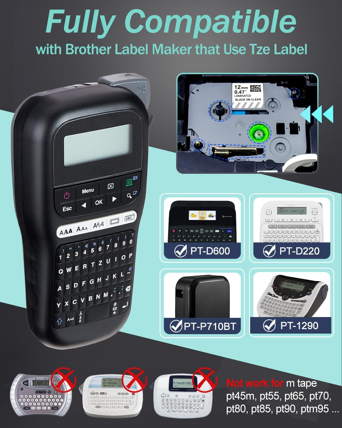 TZe-131 12mm 0.47 Black Ink on Clear Tape Compatible with Brother Label Maker Tape Clear 12mm 0.47 Laminated for Brother P Touch PTD220 PTD210 PTH110 PTD600, 1/2 in x 26.2 ft, 4-Pack