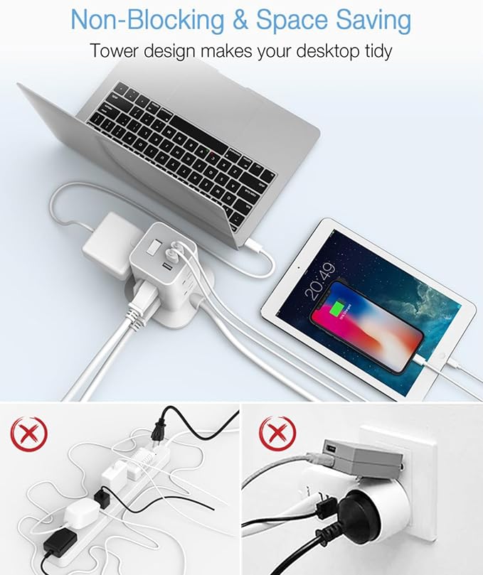 Tower Power Strip with 6 Feet Extension Cord, 8 Outlets 3 USB Chargers, 1700 Joules Surge Protection, Extension Cord with Multiple Outlets, 1875W, Office Supplies, Dorm Essentials, Charging Station