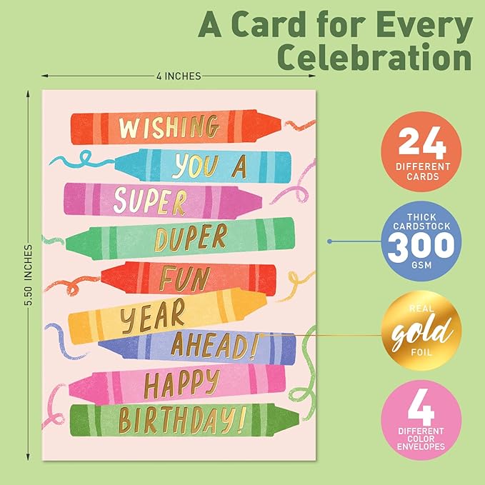 Sweetzer & Orange Happy Birthday Cards with Envelopes & Assortment Box. Variety Set of 24 Assorted Birthday Cards with Envelopes, Perfect Bulk Pack for Celebrations, Special Occasions, Friends-4x5.5"
