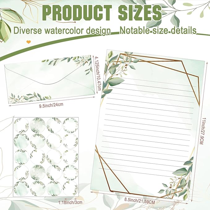 TaoBary 160 Packs Stationery Paper Set (50 Double Sided Stationery Writing Papers 50 Matching Envelopes) 60 Round Dot Sticker, 10 Design (8.5 x 11 Inch,Green Leaves)