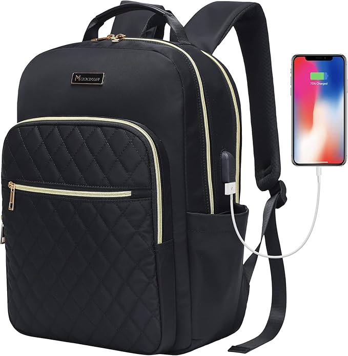 Modoker 15.6 Inch Laptop Backpack, Quilted Work Backpack for Women Bookbag Teacher Backpack with USB Charging Port, Travel Backpack Purse for Women Nurse, Black