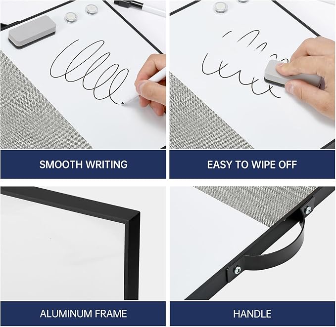 Small White Board Cork-Board Combo - 16 X 12 inches Gray Linen Board & Magnetic Dry Erase Board for Wall, Mini Bulletin Cork Board with Holder for Office, Home and School