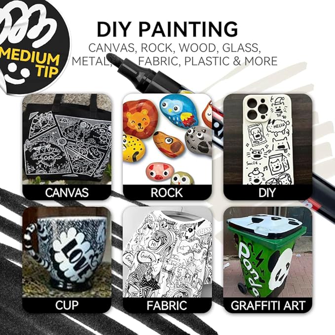 TRANSON Black and White Paint Markers for Fabric Rock Craft Diy Painting Medium Tip Oil Based Waterproof