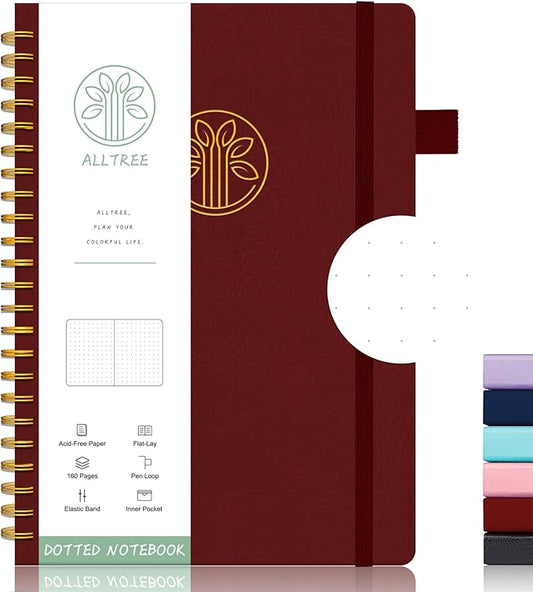 Alltree Spiral Dot Grid Notebook Journal, Dotted Paper Notebook for Work, Medium A5, Spiral Notebook with Pen Loop, Pocket, 160 Pages, Journal for Women, Burgundy(6"x8.5")