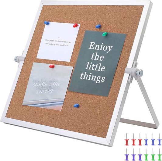 9.8"×9.8" Cork Board Bulletin Board, Double Sided Pin Board with Silver Aluminum Border, Desktop Small Cork Board with Stand Suitable for Home, Office, Desk Message Board or Picture Board