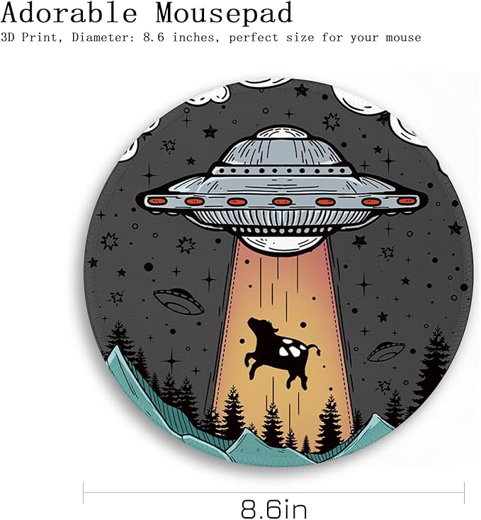 Gctriki Small Round Mouse Pad for Desk, Stitched Edge Non-Slip Rubber Base, Funny UFO Cow Mousepad for Laptop Computer Gaming, Cute Home Office Decor Desk Accessories Supplies, 8.6 x 8.6 Inch
