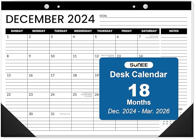 SUNEE 2024-2026 Desk Calendar 17x12, 18 Months, Oct. 2024 - Mar. 2026, Academic Desk Blotter Calendar, Desk Pad Calendar for Teacher with Note, Black