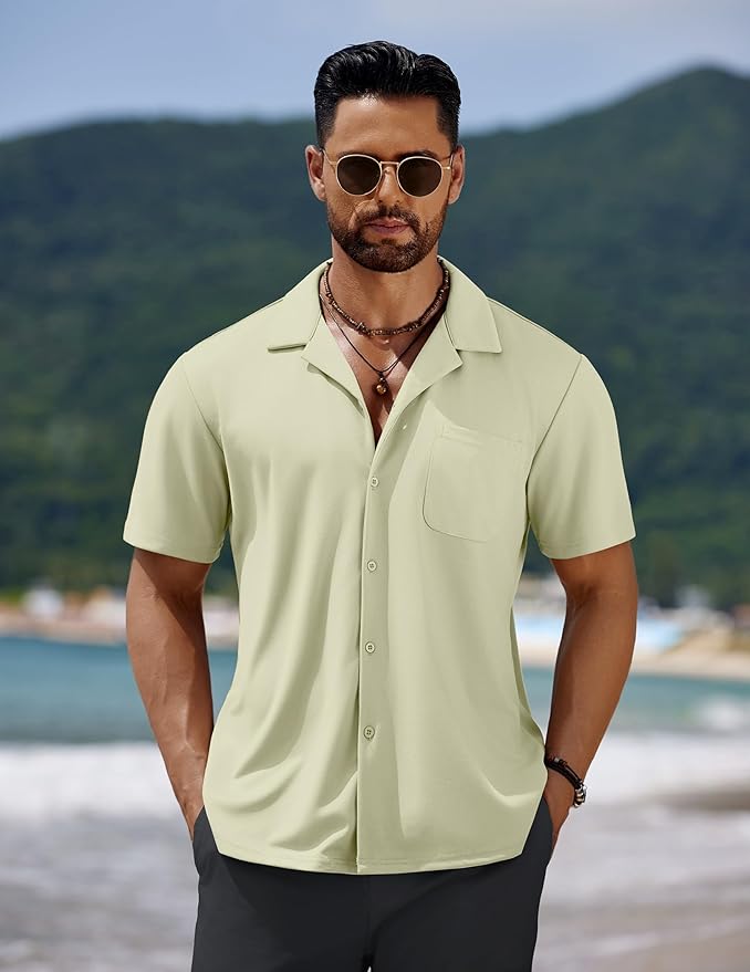 COOFANDY Men's Casual Cuban Guayabera Shirt Short Sleeve Button Down Shirts Summer Beach Shirts Vocation Vintage Shirts