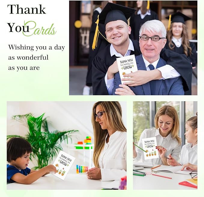 FaCraft Teacher Appreciation Cards, Thank You Cards with Envelopes, 4 x 6, Thank You for Helping Me Grow, for Preschool Kindergarten Teacher Gift Card from Kids Students Daycare (Plant)