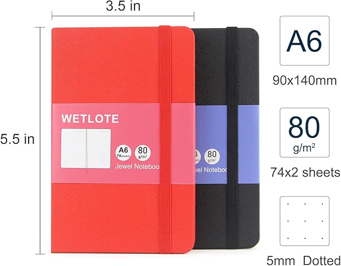 Dot Matrix Hardcover Notebook - 2 Books 3.5“ x 5.5”- Made of sustainable and excellent quality paper, simple, natural and portable, suitable for school, office use (black red)