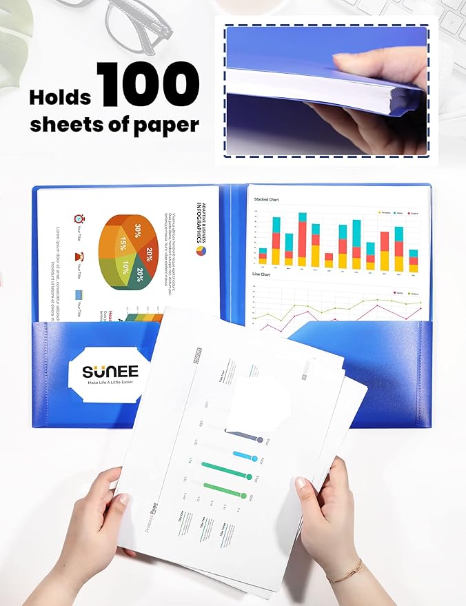 SUNEE 2 Pocket Folders (24 Pack, Blue) Heavy-Duty Plastic Folders with Pockets, Fit 8.5x11 Letter Size Paper, 2-Pocket File Folders for Kids, Home, School, Office