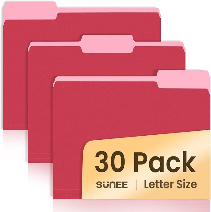 SUNEE File Folders, 30 Pack Manilla Folders 8.5 x 11, Colored File Folders Home Office School Supplies for Documents Files Paper, Red