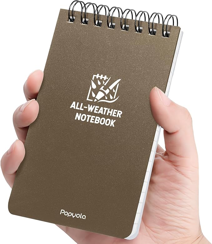 POPYOLA 1 Pack Waterproof Pocket Notebook, 3x5 Pocket Notepad, All Weather Mini Spiral Notepad, Write in the Rain Police Notepad with 100 Squared Pages for Outdoor Home Office School, Tan