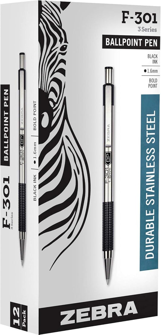 Zebra Pen F-301 Retractable Ballpoint Pen, Stainless Steel Barrel, Bold Point, 1.6mm, Black Ink, 12-Pack