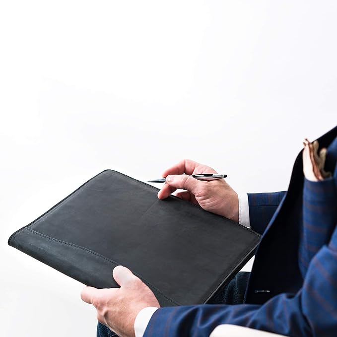 PEGAI Handmade 100% Leather Padfolio, Legal Pad Organizer for Business School Office Conference, Heavy Duty Full Grain Cow Hide Resume Interview Folio, Amazing Gift Idea | Marshall (Charcoal Black)