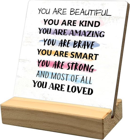 Inspirational Desk Decor, You Are Beautiful Kind Positive Quotes Wooden Plaque Sign for Home Office Bedroom Desk Decor, Motivational Wooden Signs Birthday Thanksgiving Gifts