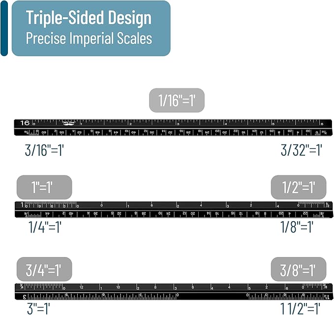 Mr. Pen- Small Architectural Scale Ruler, Aluminium, 6 Inch, 2 Pack, Black and Blue, Pocket Size Ruler, Triangle Ruler, Metal Ruler Set, Architect Scale Ruler for Blueprints