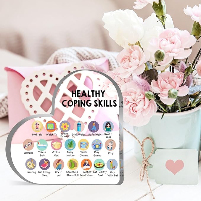 Therapy Office Decor, Mental Health Healthy Coping Anxiety Skills Decorations for Classroom School Counseling Therapist Social Worker Educational Acrylic Heart Art Decor