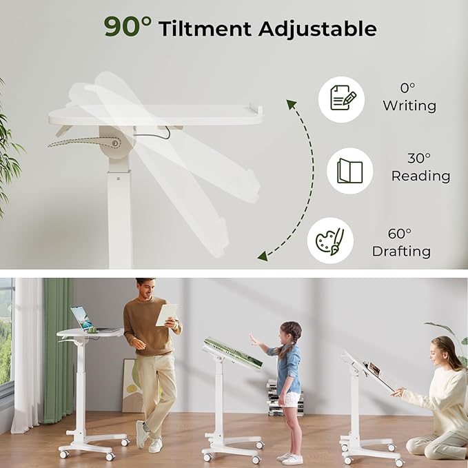 Foldable Mobile Standing Desk, 27"×21" Portable Rolling Laptop Desk with 90° Tiltable Board, Height Adjustable Mobile Desk Workstation with Wheels, Folding Desk for Home Office, White