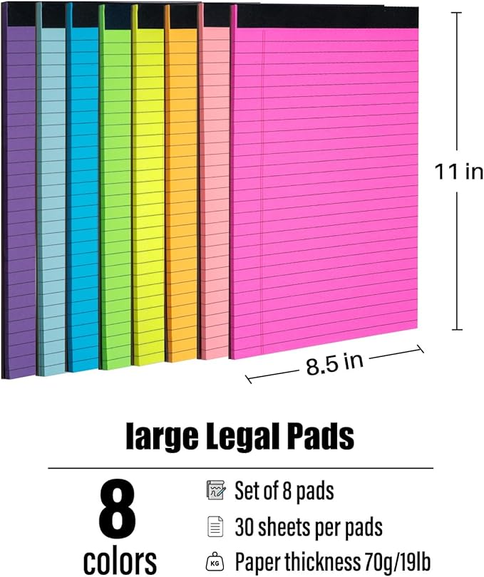 Colored Legal Pads 8.5 x 11 inches 8 Pack,70 GSM/19 LB Rainbow Wide Ruled Writing Pad High Brightness Neon Pads 8 Colors 30 Sheets Per Note pads for School,College,Office,Business-Large