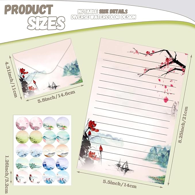 TaoBary 160 Packs Stationery Paper Set (50 Double Sided Stationery Writing Papers 50 Matching Envelopes) 60 Round Dot Sticker, 10 Design(Ink Painting,8.5 x 11 Inch)