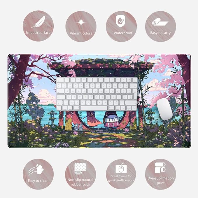 Pink Japan Desk Pad Anime Gaming Green Mouse Pad Large Mouse Pad For Desk Computer Pc Laptop Office Decor For Women, Anime Mouse Keyboard Pad Stitched Edges Non-Slip Rubber Mat Desk Pad (31.5x15.7 In)
