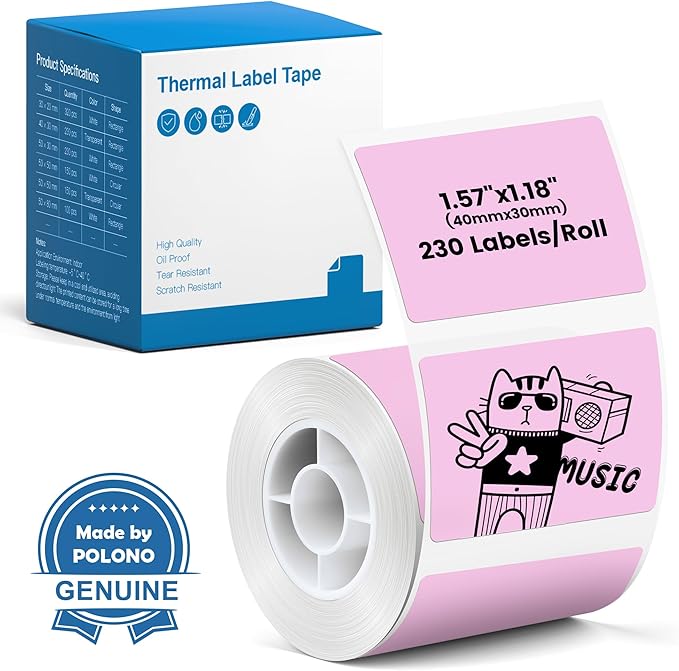 POLONO Genuine Thermal Labels for PM220S Label Makers, 1.57"x1.18" (40x30mm) Thermal Label, Waterproof, Multi-Purpose Self-Adhesive Labels for Small Bussiness, Office, School, 230 Labels/Roll (Pink)