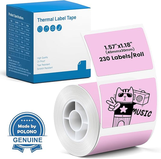 POLONO Genuine Thermal Labels for PM220S Label Makers, 1.57"x1.18" (40x30mm) Thermal Label, Waterproof, Multi-Purpose Self-Adhesive Labels for Small Bussiness, Office, School, 230 Labels/Roll (Pink)