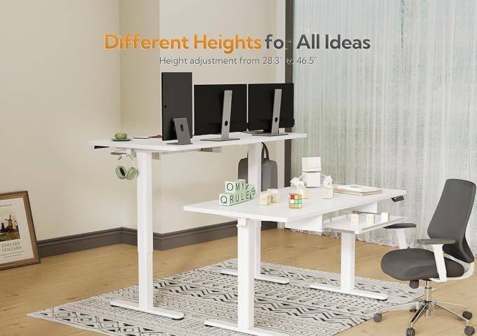 Standing Desk with Keyboard Tray, Electric Standing Desk Adjustable Height, 48x24 Inches Sit Stand up Desk with Splice Board, Raising Desk for Home Office, White