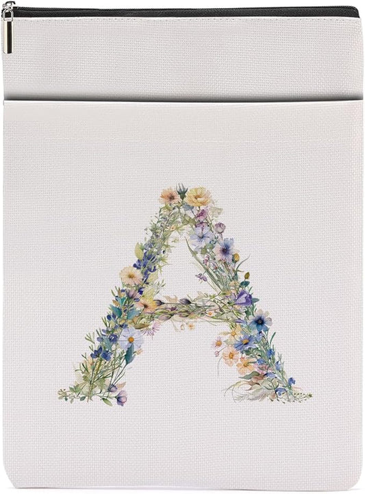 Monogrammed Book Sleeve Floral A Initial Book Pouch Book Accessories Book Lovers Gifts Waterproof Book Cover Book Protector Bookish Gifts Personalized Gifts for Women Girls Readers Bride Sister