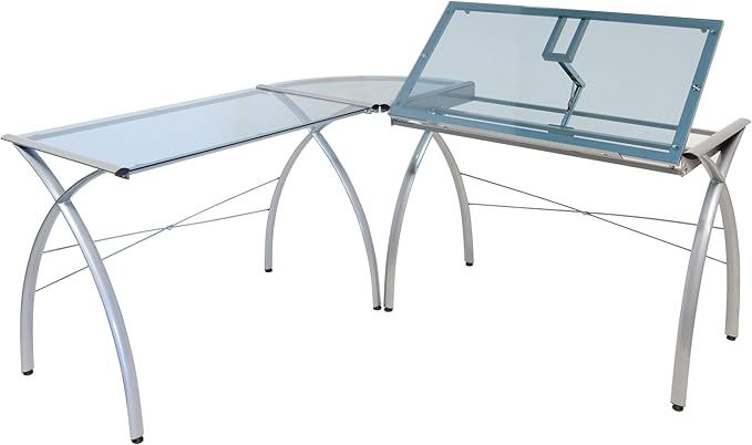 SD STUDIO DESIGNS Futura LS WorkCenter with Tilt Top Adjustable Drafting Table Craft Table Drawing Desk Hobby Table Writing Desk Studio Desk, Silver / Blue Glass