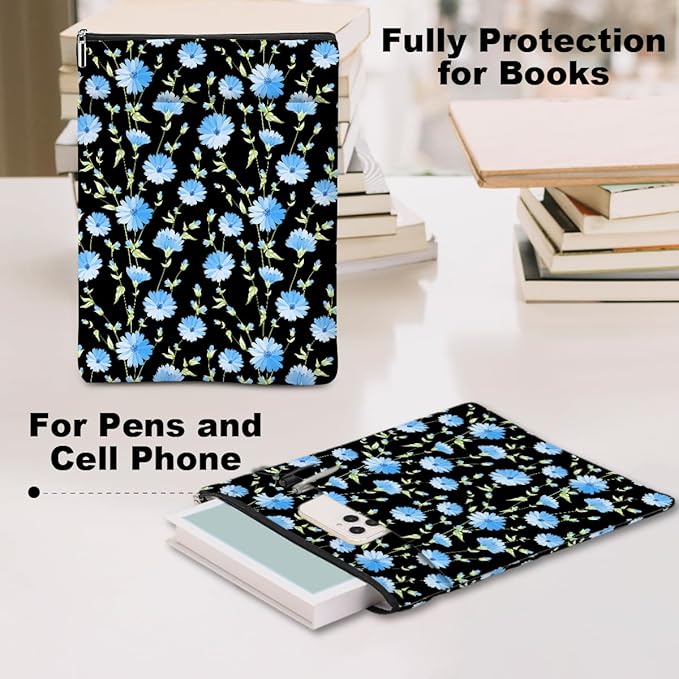 Blue Flower Pattern Book Lovers Gifts Waterproof Book Sleeve Book Pouch Book Protector with Zipper and Front Pocket BookCover Case for Women Best Friend Grandma Book Accessories Book Club Gifts