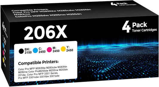 206X High Yield Toner Cartridge 4Pack Compatible with HP 206X 206A Toner Set for HP Color Laserjet Pro M255dw M255nw MFP M283fdw M283cdw M282nw M283fdn Ink（Black/Cyan/Yellow/Magenta