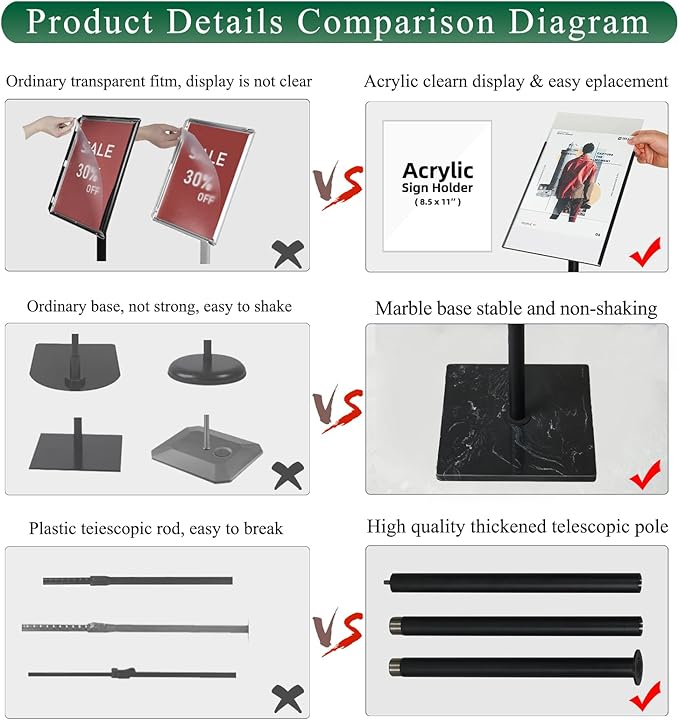 Adjustable Poster Sign Holder Stand 11x17 , Sign Holder Stand with Heavy Duty Marble Base, Reusable Sign Holder Vertical & Horizontal View Display for Indoor Outdoor Standing, 2 PACK（Square）