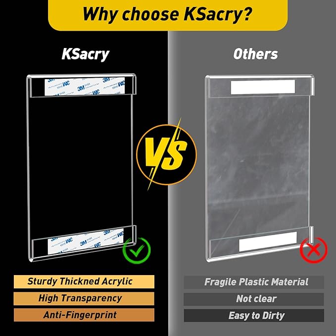 3 Pcs Acrylic Sign Holder 5 x 7, Vertical Wall Mount Sign Holders with 3M Adhesive, Clear Plastic Frames Paper Display Sign Holders for Office, Home, Store, Restaurant - No Drilling