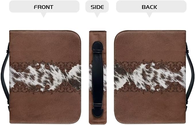 Vintage Cow Print Leather Bible Cover Bible Cover Cases for Church Studying Pouch Bible Tabs Carrier Pen Holder Multi Pocket Bible Bag