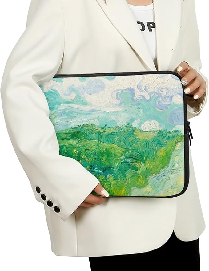 Green Wheat Fields Laptop Sleeve Case for Women Men Trendy Van Gogh Painting Laptop Protector with Multiple Uses Made of Premium Neoprene Material 13 Inch Tablet Bag for Friends