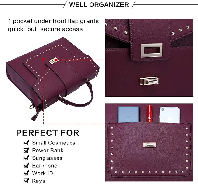 EaseGave Laptop Bag for Women, 15.6 Inch Burgundy Briefcase with Detachable Strap, Roomy Laptop Tote with Size Guide, Professional Messenger Bag