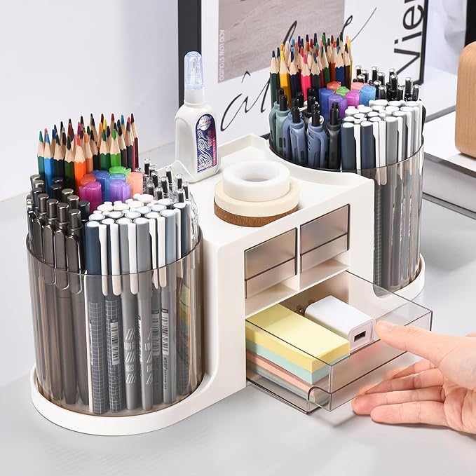 Rotating Desk Organizer with 2 Pen Holder, Desk Organizers and Accessories with 10 Slots Pencil Holder for Desk + 3 Drawer, Art Supply Storage Box Caddy for Office School Home (Light Grey)