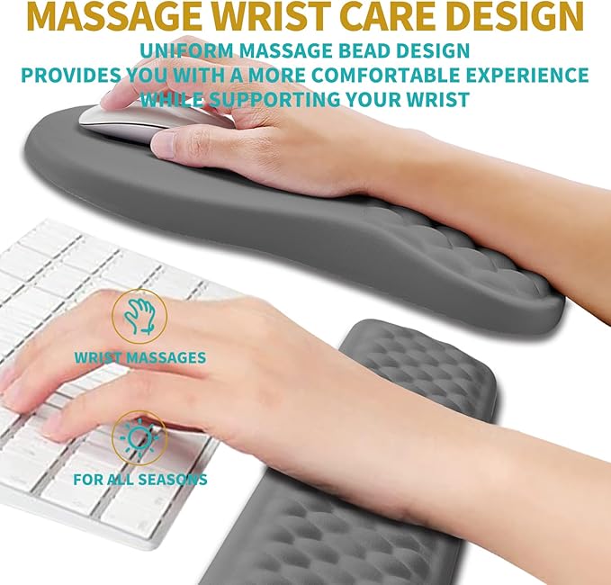 Hokafenle 2 in 1 Ergonomic Mouse Pad Wrist Support & Wrist Rest for Computer Keyboard Set, with Relieve Carpal Tunnel Pain Massage Bulge and Full Memory Gel Design (2In1 Set, Neutral Gray)