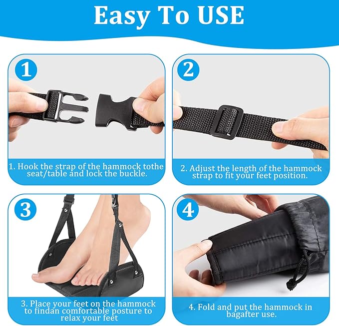 4 Pack Airplane Foot Rest, Airplane Foot Hammock with Premium Memory Foam, Adjustable Length Foot Hammock for Plane Travel, Airplane Footrest Relax Your Feet in The Train Office&Home, Black