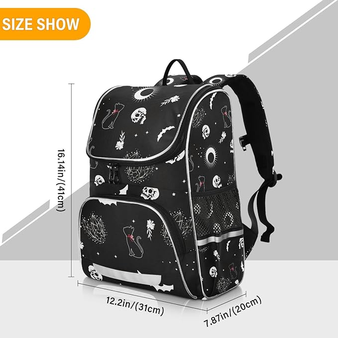 Goth Skull Cat Backpack with Reflective Strip for Kids Boys Girls Elementary School Bag Removable Chest Strap