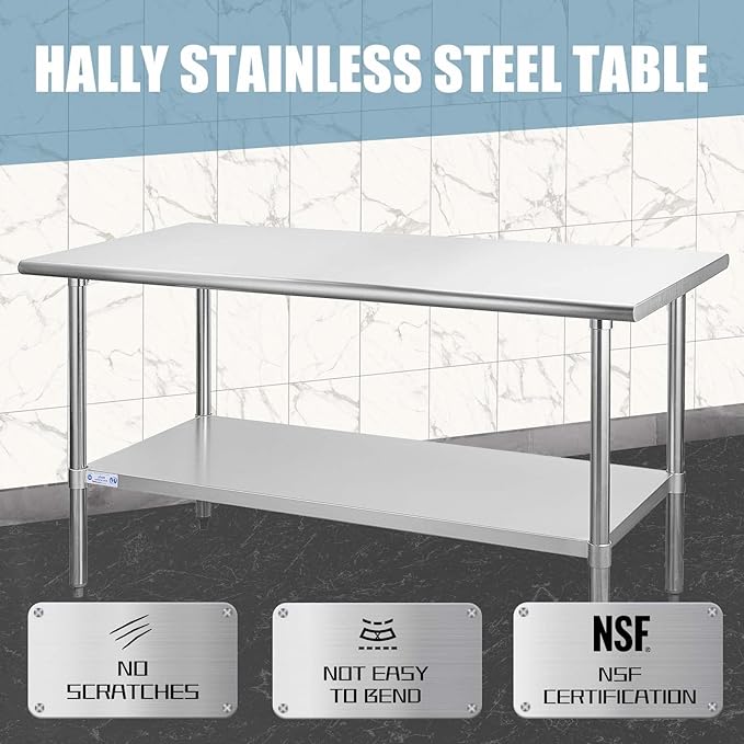 HALLY Stainless Steel Table for Prep & Work 30 x 60 Inches, NSF Commercial Heavy Duty Table with Undershelf and Galvanized Legs for Restaurant, Home and Hotel