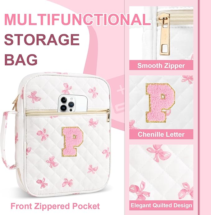 Personalized Initial Bible Cover Case for Women Girls Kid - Large Quilted Bible Case with Handle, Stylish Chenille Letter Bag Study Supplies, Perfect Christmas Gifts for ChristiansWomen (Pink Bow-P)