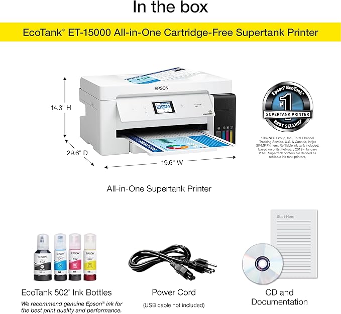 Epson EcoTank ET-15000 Wireless Color All-in-One Supertank Printer with Scanner, Copier, Fax, Ethernet and Printing up to 13 x 19 Inches, White
