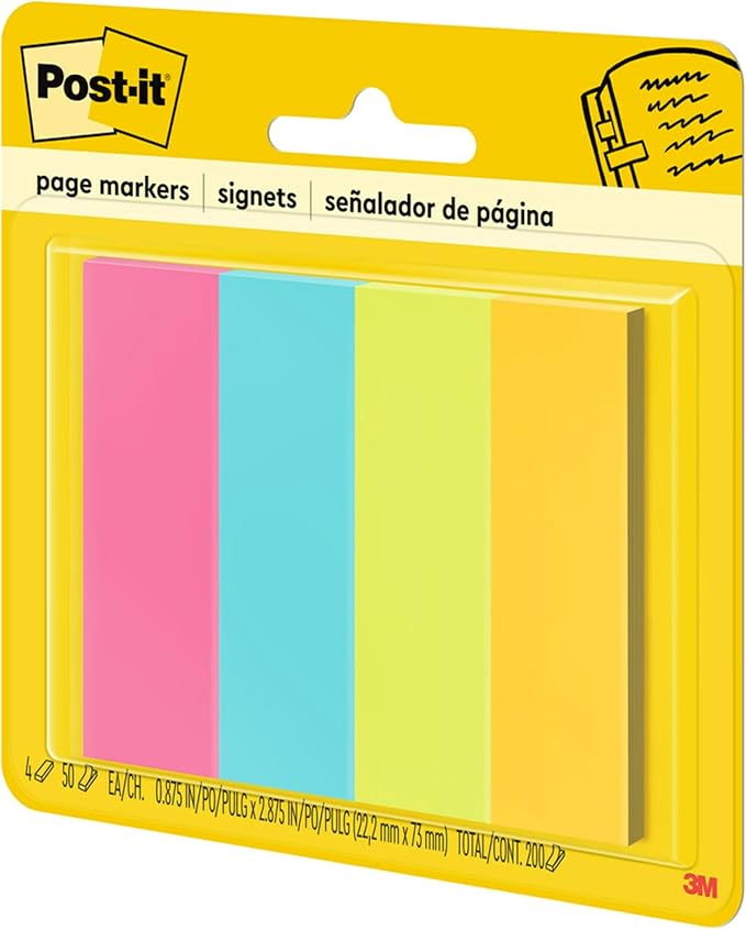 Post-it Page Markers, Assorted Colors, 1 in x 3 in, 50 Sheets/Pad, 4 Pads/Pack (671-4AU)