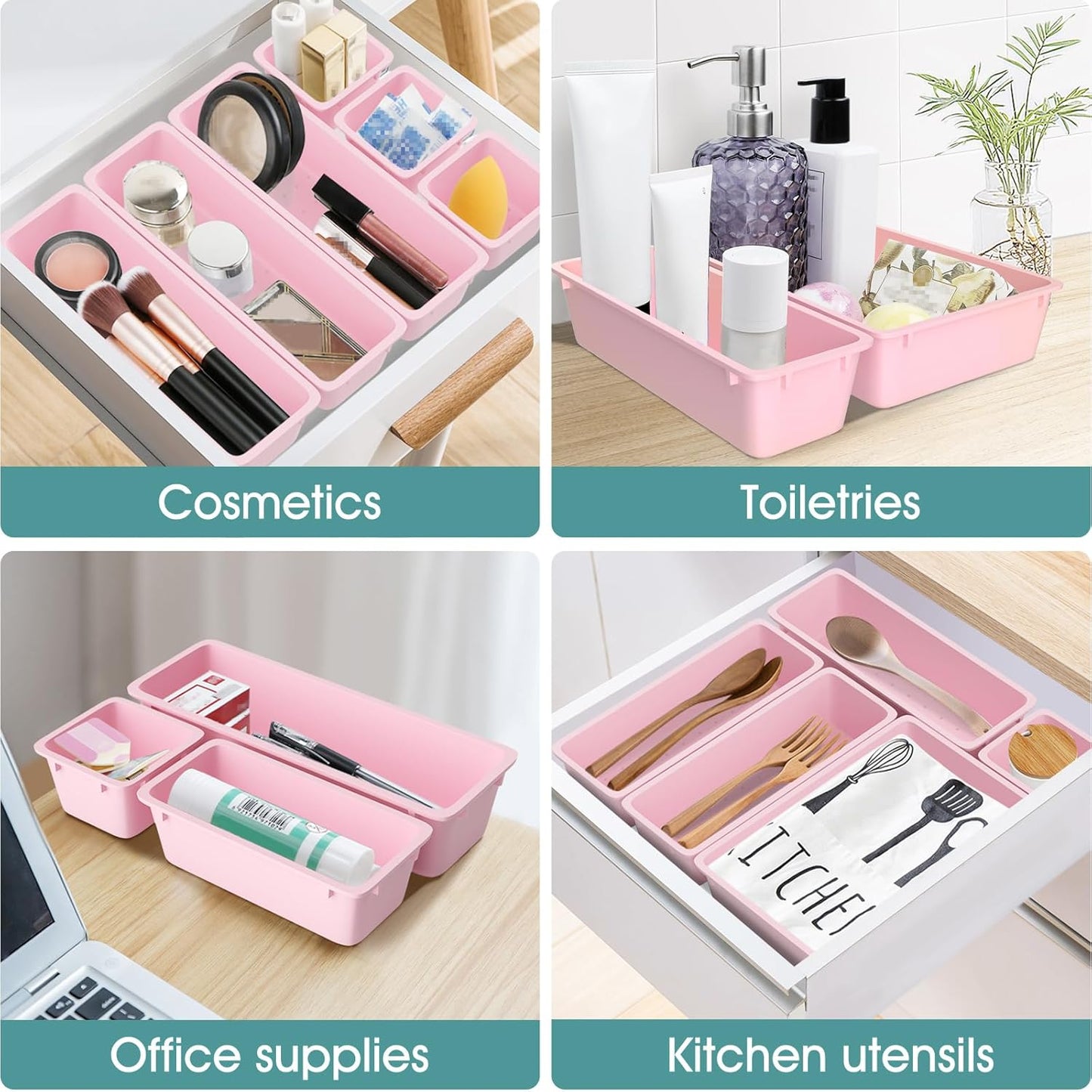 WOWBOX 25 PCS Plastic Drawer Organizer Set, 4 Sizes Desk Drawer Divider Organizers and Storage Bins for Makeup, Jewelry, Gadgets for Kitchen, Bedroom, Bathroom, Office, Pink