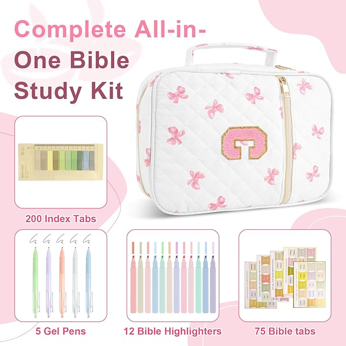Personalized Initial Bible Cover Case for Women Girls Kid - Large Quilted Bible Case with Handle, Stylish Chenille Letter Bag Study Supplies, Perfect Christmas Gifts for Christians Women (Pink Bow-C)